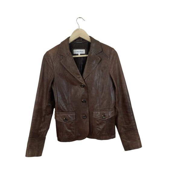 Calvin Klein Jackets & Blazers - Calvin Klein Small Leather Jacket Brown Button Front Classic Lined Womens